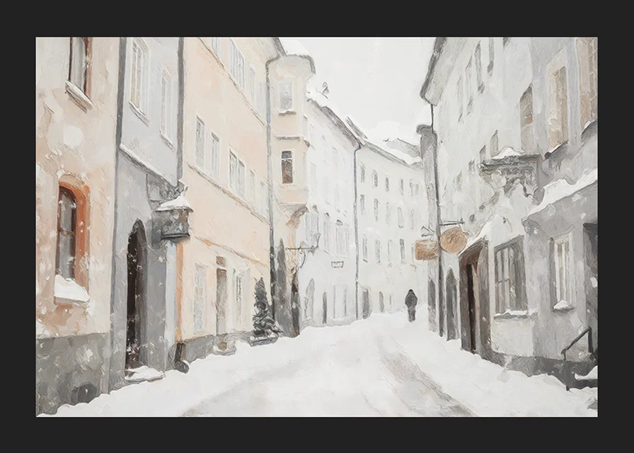 A winter poster showing a quiet, snow-covered alley-12