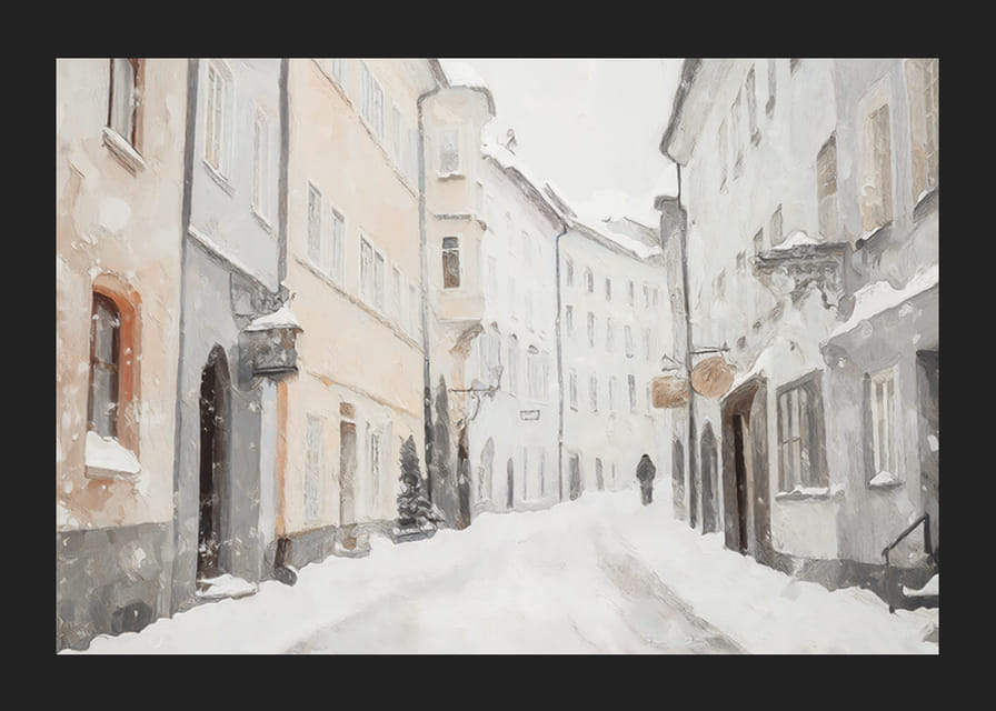 Un afiș de iarnă care arată o alee liniștită, acoperită de zăpadă-12