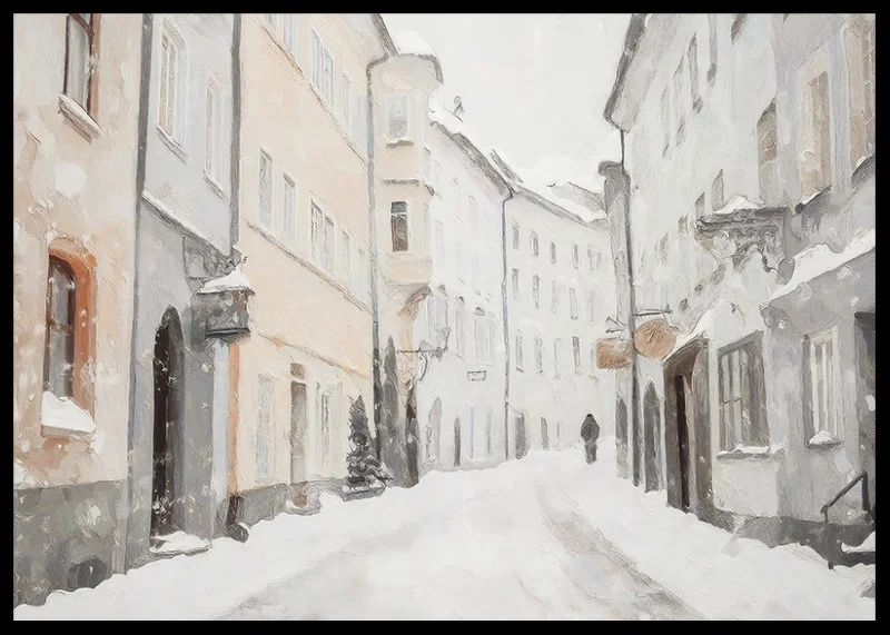 A winter poster showing a quiet, snow-covered alley-12