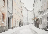 A winter poster showing a quiet, snow-covered alley-7