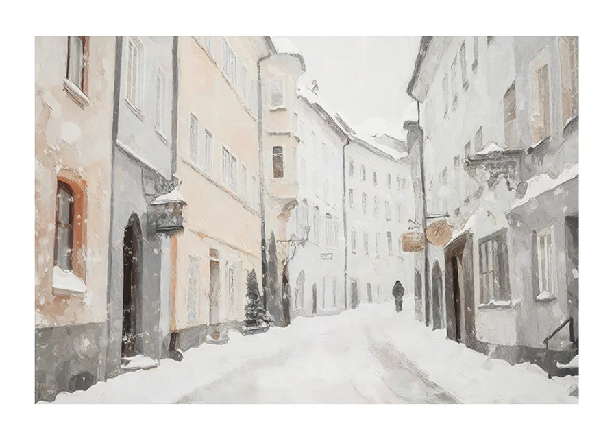 A winter poster showing a quiet, snow-covered alley-12