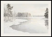 En vinterposter som visar en spegelblank flod omgiven av snötäckt natur -2