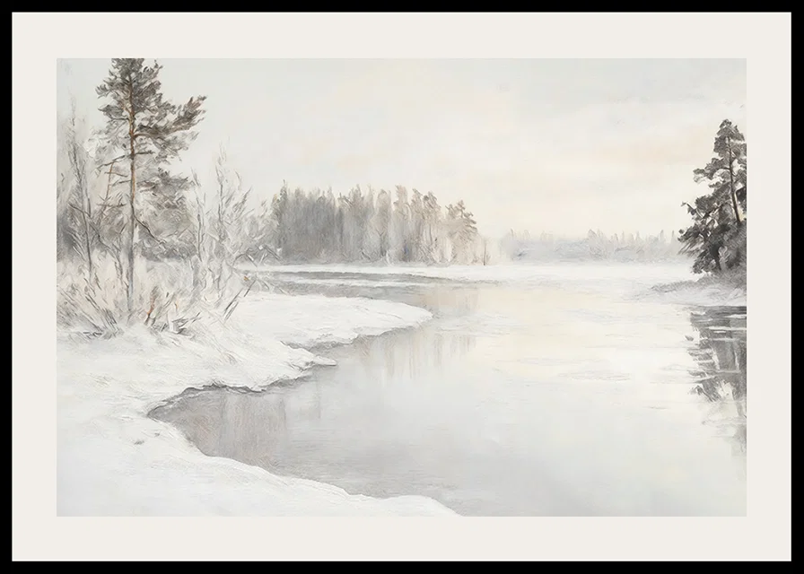 En vinterposter som visar en spegelblank flod omgiven av snötäckt natur -12