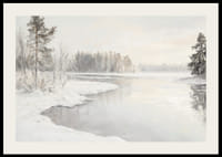 Um cartaz de inverno que mostra um rio espelhado rodeado por uma natureza coberta de neve -2