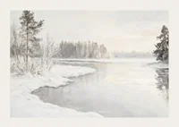 En vinterposter som visar en spegelblank flod omgiven av snötäckt natur -3