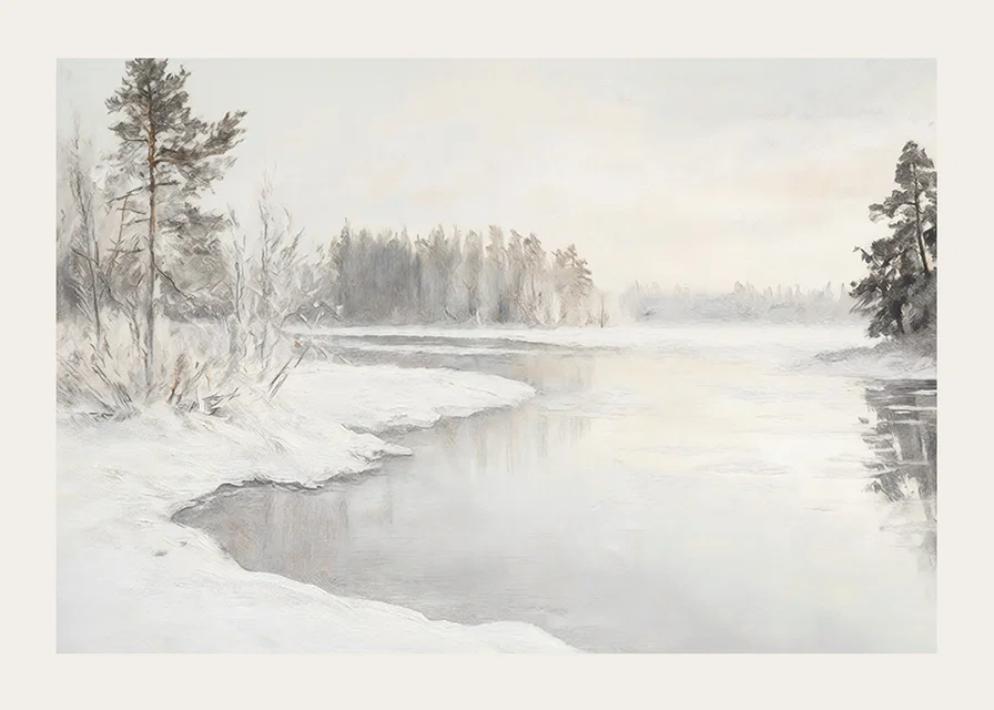 En vinterposter som visar en spegelblank flod omgiven av snötäckt natur -12
