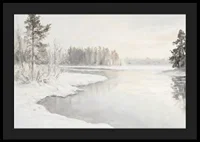En vinterposter som visar en spegelblank flod omgiven av snötäckt natur -4