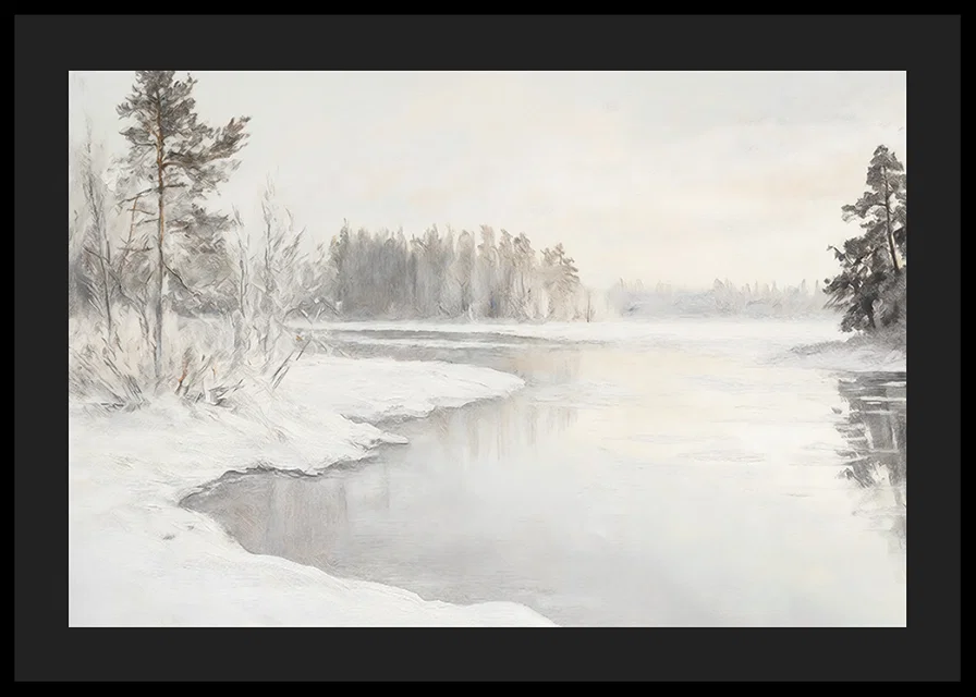 En vinterposter som visar en spegelblank flod omgiven av snötäckt natur -12