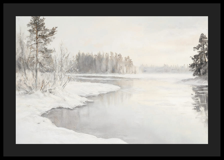 Um cartaz de inverno que mostra um rio espelhado rodeado por uma natureza coberta de neve -12