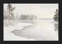 En vinterposter som visar en spegelblank flod omgiven av snötäckt natur -5