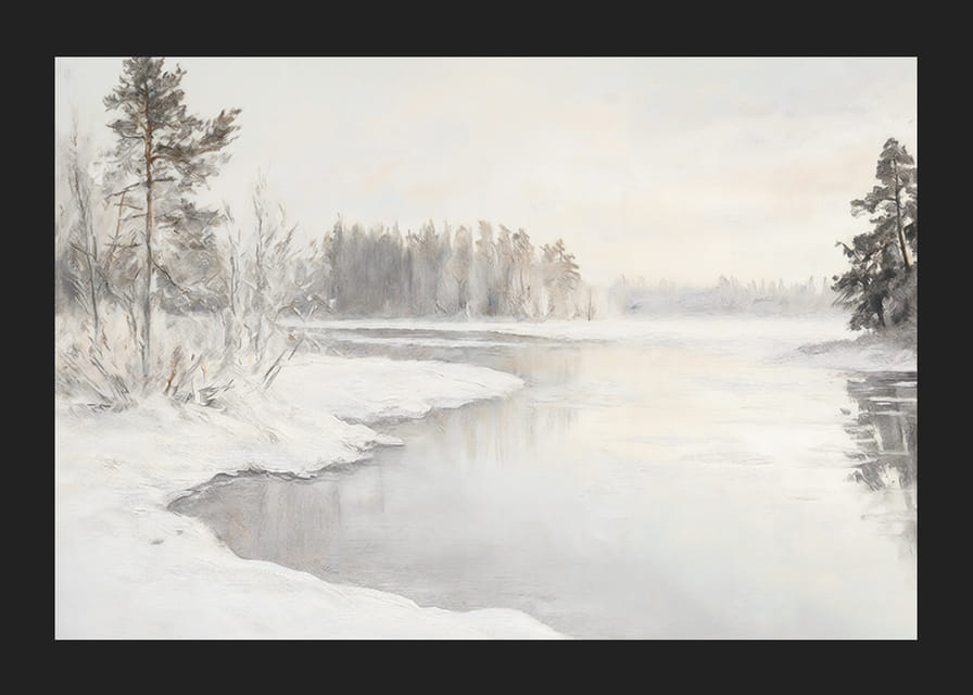 Um cartaz de inverno que mostra um rio espelhado rodeado por uma natureza coberta de neve -12