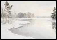 En vinterposter som visar en spegelblank flod omgiven av snötäckt natur -6
