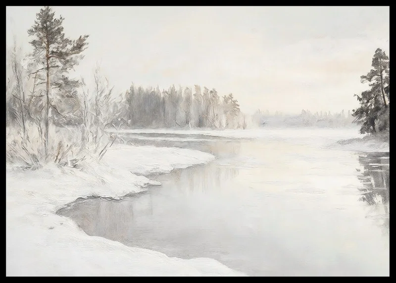 En vinterposter som visar en spegelblank flod omgiven av snötäckt natur -12