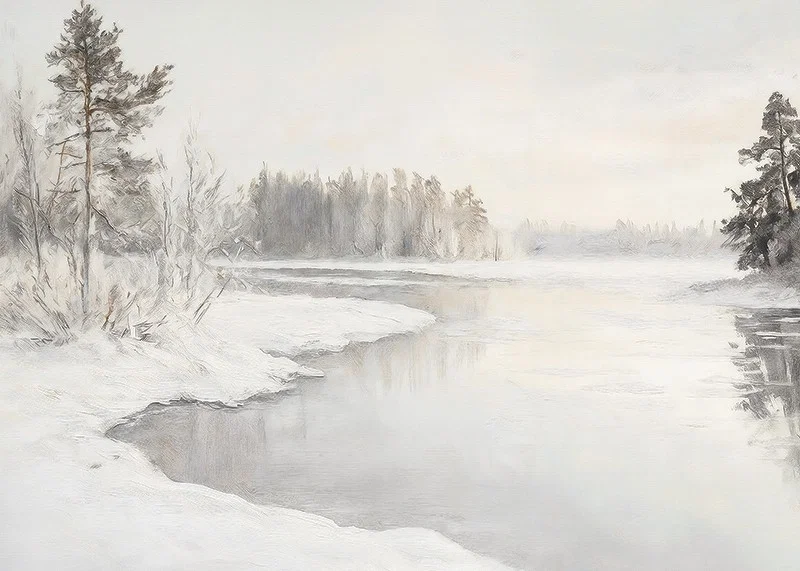 En vinterposter som visar en spegelblank flod omgiven av snötäckt natur -12