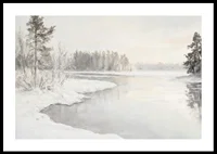 En vinterposter som visar en spegelblank flod omgiven av snötäckt natur -0