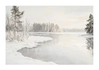 En vinterposter som visar en spegelblank flod omgiven av snötäckt natur -1
