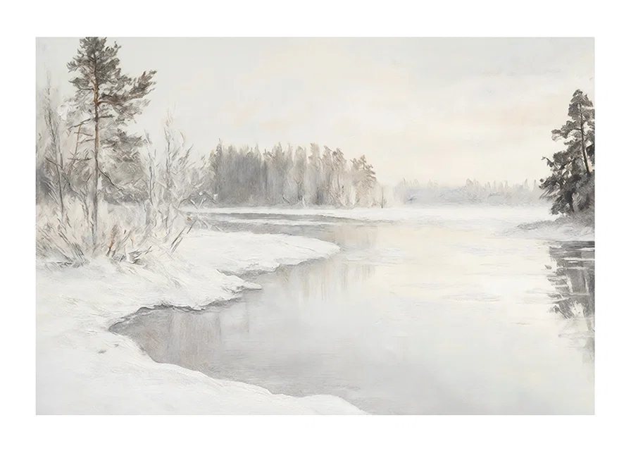 En vinterposter som visar en spegelblank flod omgiven av snötäckt natur -12