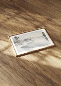 En vinterposter som visar en spegelblank flod omgiven av snötäckt natur -8