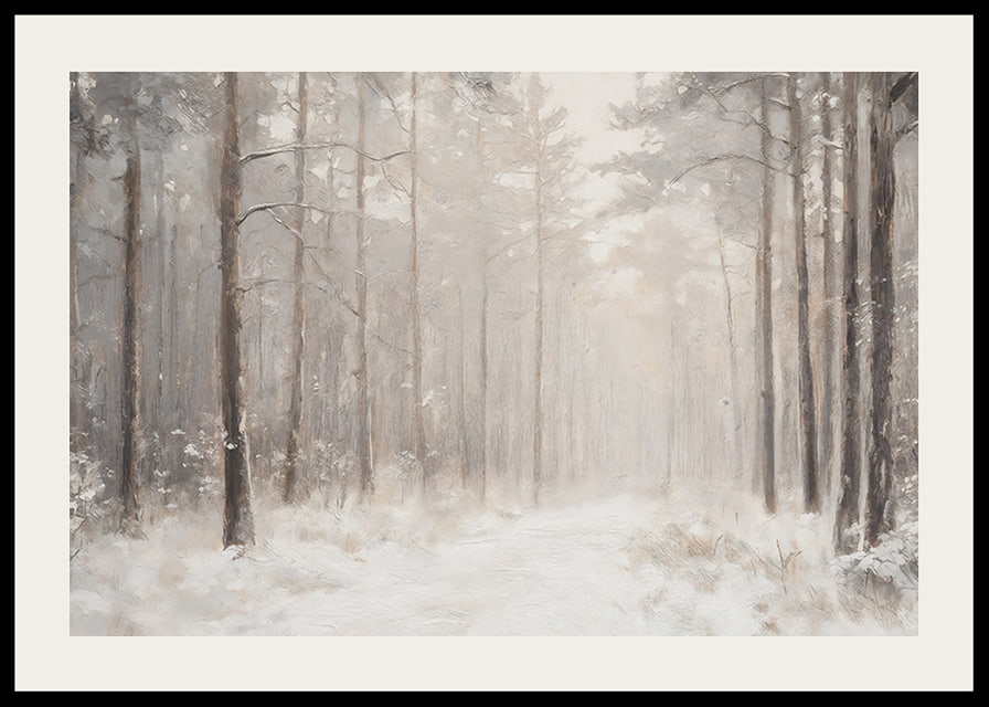 En vinterposter som visar en snötäckt stig genom en stillsam och drömlik skog-12
