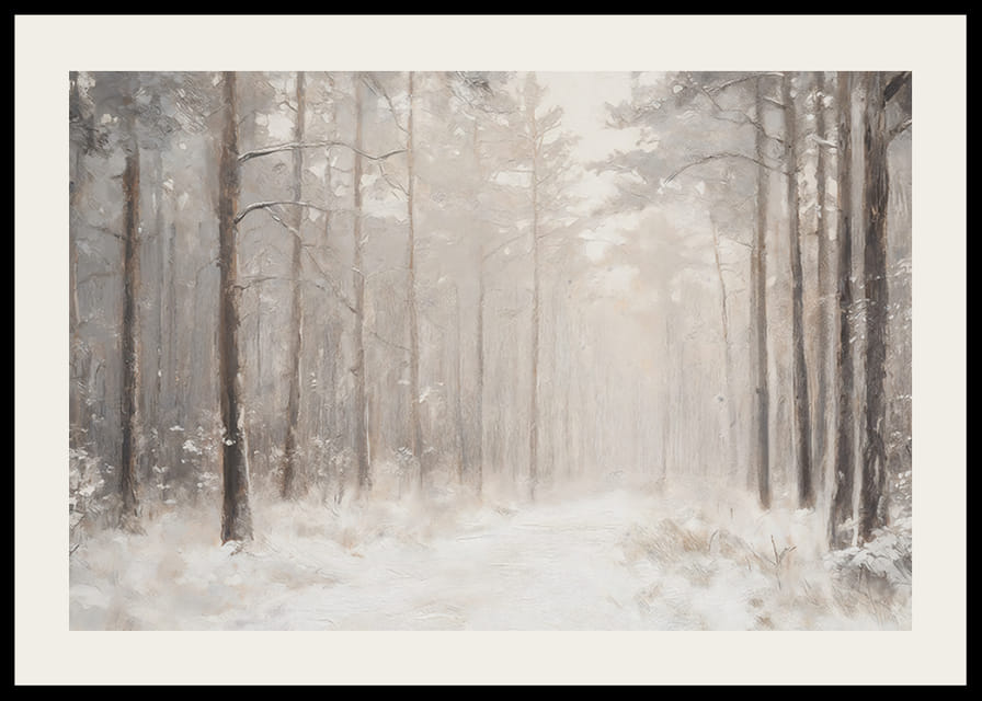 Um cartaz de inverno que mostra um caminho coberto de neve por uma floresta tranquila e onírica-12