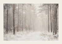 En vinterposter som visar en snötäckt stig genom en stillsam och drömlik skog-3