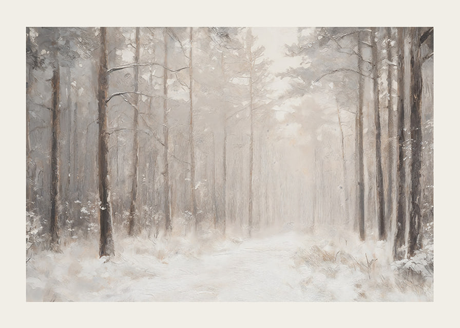 En vinterposter som visar en snötäckt stig genom en stillsam och drömlik skog-12