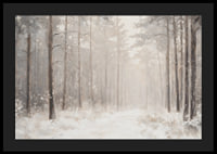 En vinterposter som visar en snötäckt stig genom en stillsam och drömlik skog-4
