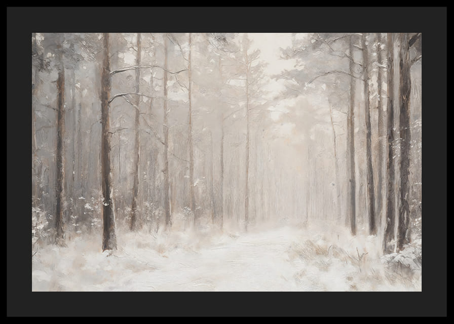 Um cartaz de inverno que mostra um caminho coberto de neve por uma floresta tranquila e onírica-12