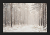 En vinterposter som visar en snötäckt stig genom en stillsam och drömlik skog-5