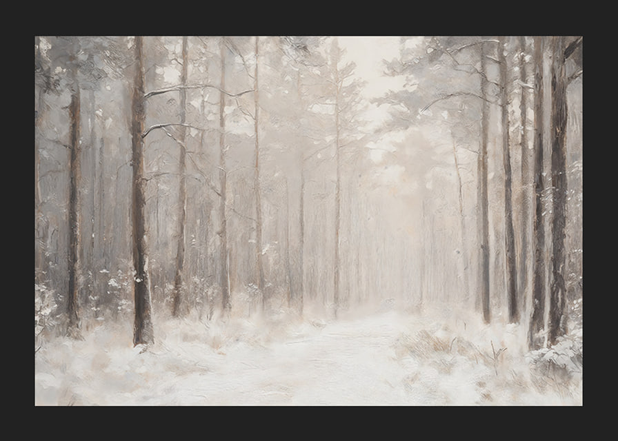 En vinterposter som visar en snötäckt stig genom en stillsam och drömlik skog-12