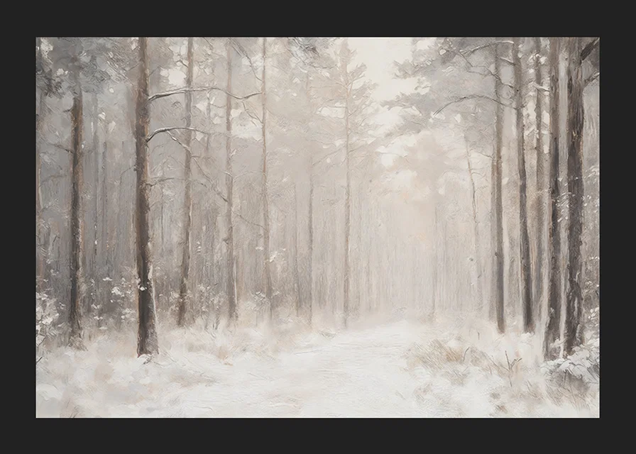 A winter poster showing a snow-covered path through a tranquil and dreamlike forest-12