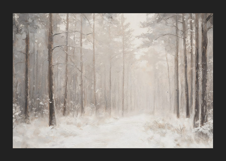 Um cartaz de inverno que mostra um caminho coberto de neve por uma floresta tranquila e onírica-12