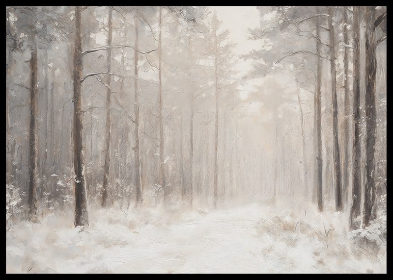 En vinterposter som visar en snötäckt stig genom en stillsam och drömlik skog-12