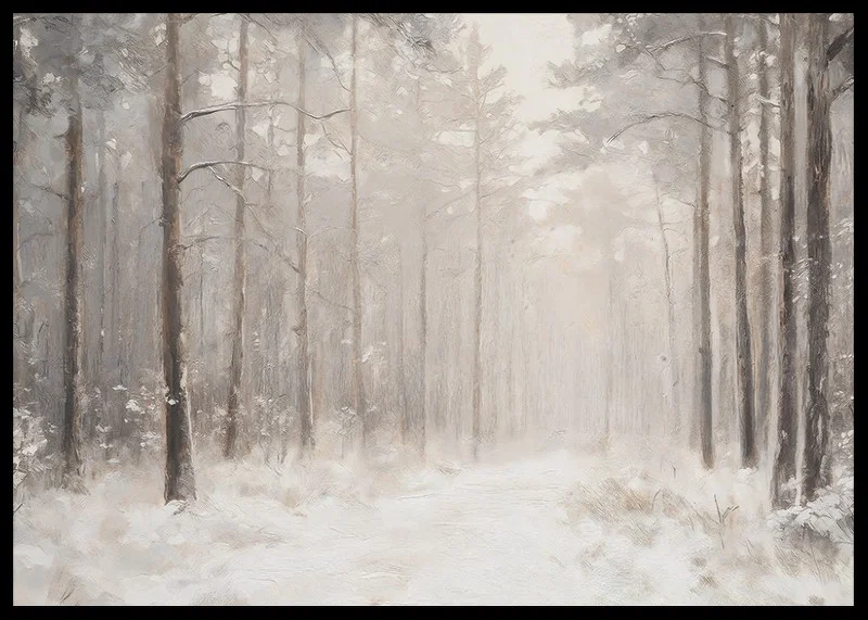 A winter poster showing a snow-covered path through a tranquil and dreamlike forest-12