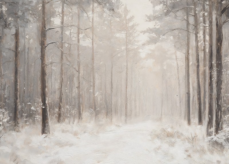 En vinterposter som visar en snötäckt stig genom en stillsam och drömlik skog-12