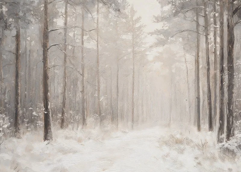 A winter poster showing a snow-covered path through a tranquil and dreamlike forest-12