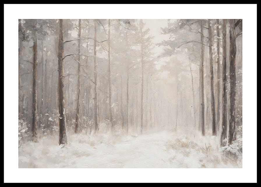En vinterposter som visar en snötäckt stig genom en stillsam och drömlik skog-12