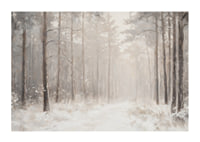 En vinterposter som visar en snötäckt stig genom en stillsam och drömlik skog-1