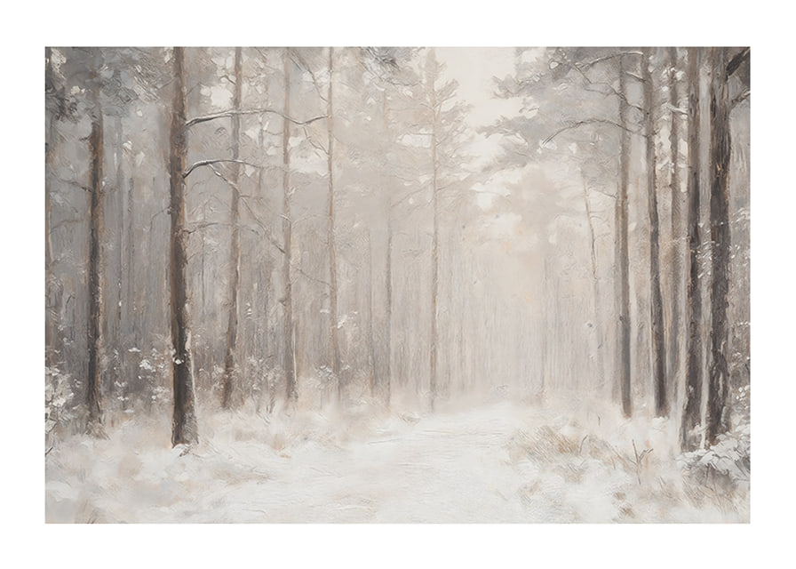 En vinterposter som visar en snötäckt stig genom en stillsam och drömlik skog-12