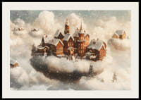 Un cartel que muestra un pueblo mágico flotando en las nubes.-2