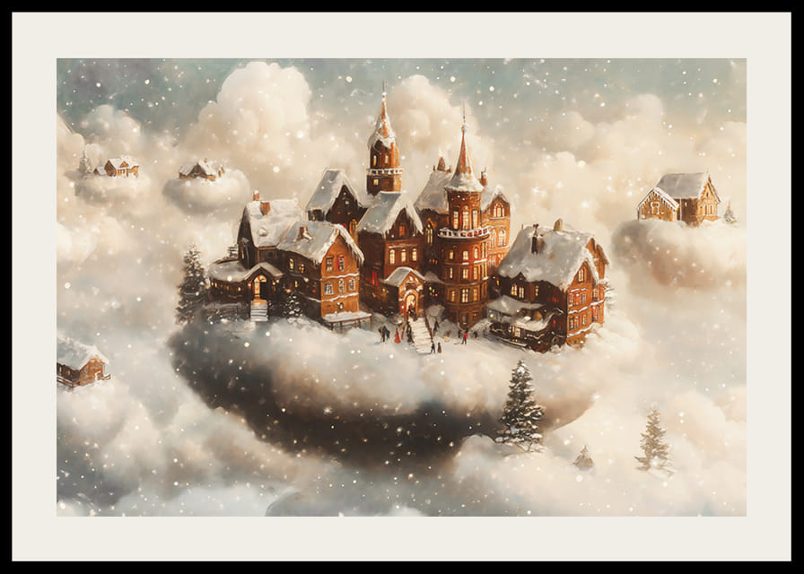 Un cartel que muestra un pueblo mágico flotando en las nubes.-12