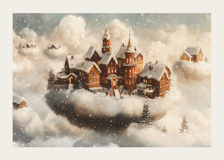 Un cartel que muestra un pueblo mágico flotando en las nubes.-12