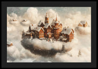 Un cartel que muestra un pueblo mágico flotando en las nubes.-4