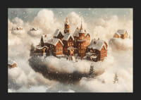 Un cartel que muestra un pueblo mágico flotando en las nubes.-5