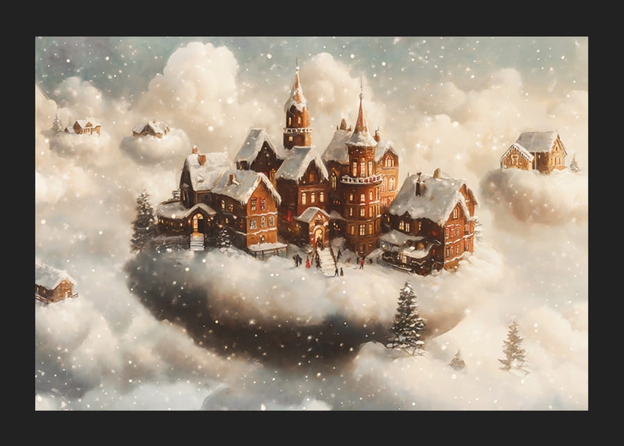 Un cartel que muestra un pueblo mágico flotando en las nubes.-12