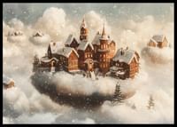 A poster showing a magical village floating in the clouds-2
