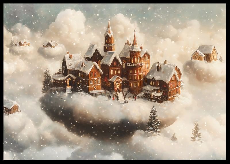 A poster showing a magical village floating in the clouds-12