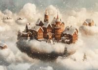 A poster showing a magical village floating in the clouds-3
