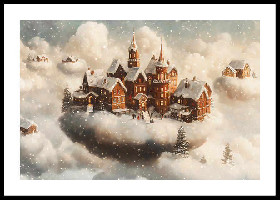 A poster showing a magical village floating in the clouds-12