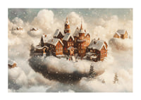 A poster showing a magical village floating in the clouds-1